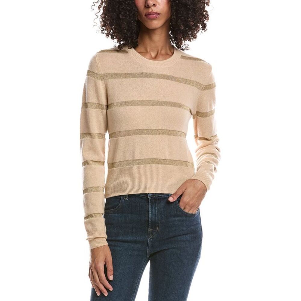 Brodie Cashmere Womens  Simone Stripe Cashmere-Blend 100% Cashmere Sweater, Tan